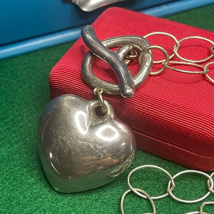 Puffed Toggle Clasp Heart Necklace Sterling 925 Silver Israel Large