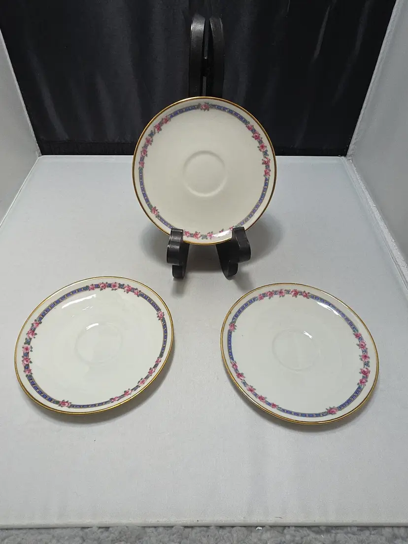 Vintage French Limoges Porcelain Saucers 4-3/8" Floral Gold Trim Set of 3 (RU)