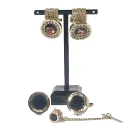 Hickok Gold & Onyx Tie Clasp / Bar Pin w Matching Cufflink Set + Foster Convertible Rainbow Glass Set Vintage Mens Jewelry + Gift Box