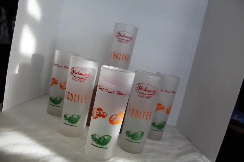 6 Vintage Blackman’s Fruitee Syrup Frosted Zombie Glasses Federal MCM Barware