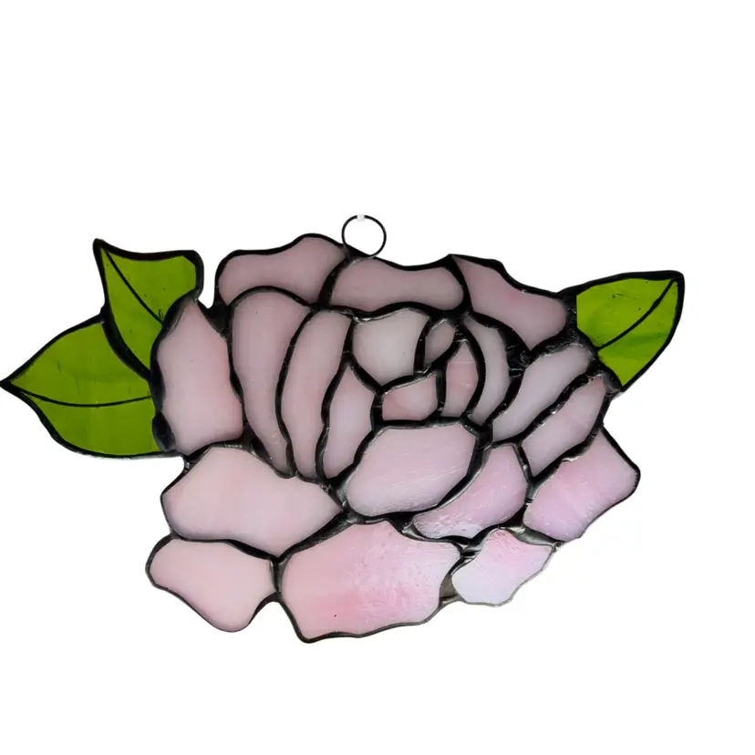 Vintage Pink Rose Stained Glass Sun Catcher Green Leaves Cottagecore No Chain  
7” x 4.25”