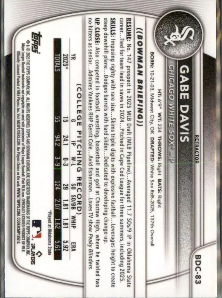 2025 Bowman Draft #BDC-83 Gabe Davis Chrome Refractor - (138) - Chicago White Sox