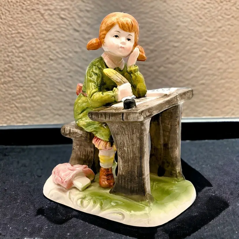 Vintage Enesco Japan Girl Sitting at Desk Writing with a Quil Pen E1584 Bookend