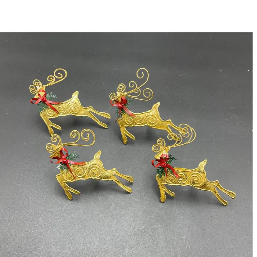 Set of 4 Gold Toned Metal Napkin Rings Leaping Reindeer Christmas Holiday