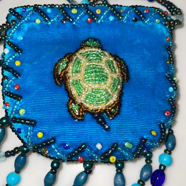 Aqua Velvet Beaded Crossbody Purse Turtle Native Medicine Bag