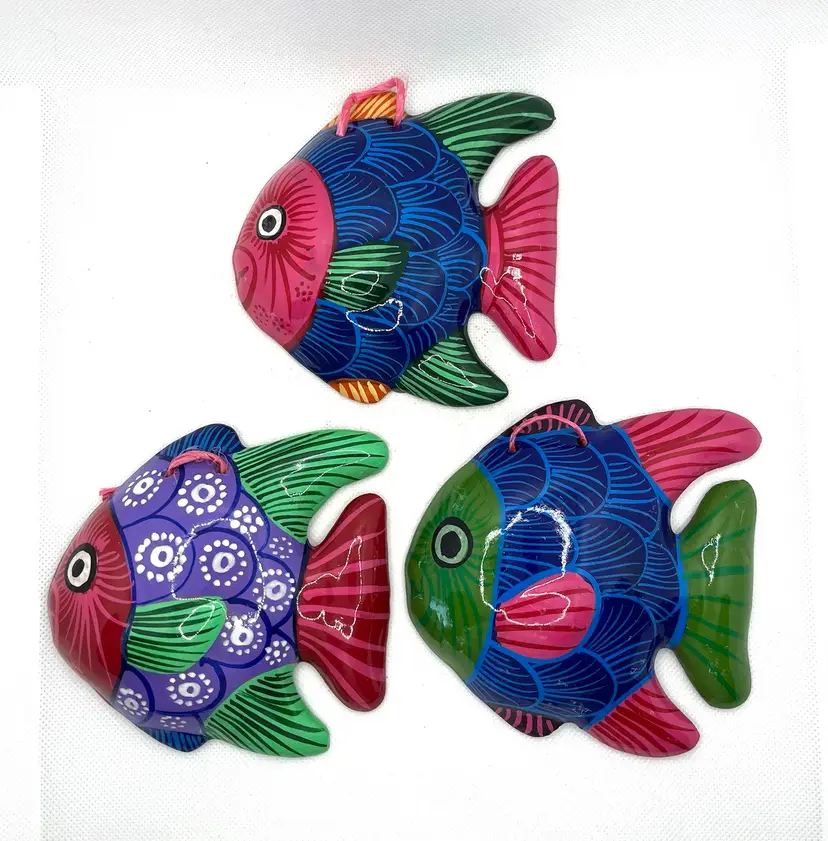 Vibrant Hand Painted Terra Cotta Fish Guerrero Mexican Folk Art Wall Hangings Set Of 3