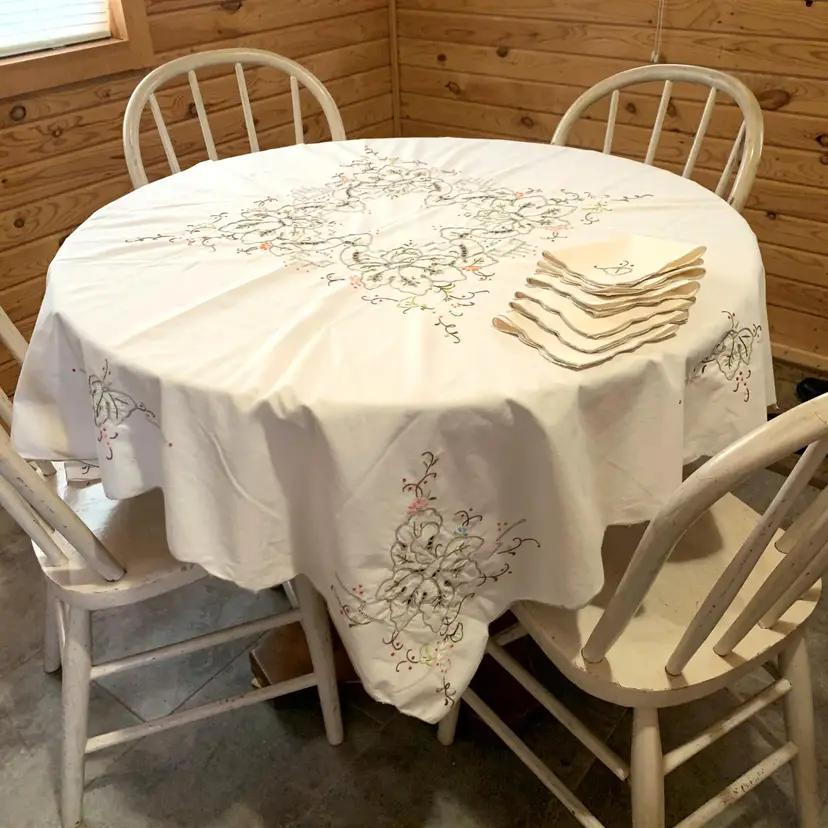 Hand Embroidered Square Tablecloth Napkins Cottage Core Shabby Decor Vintage