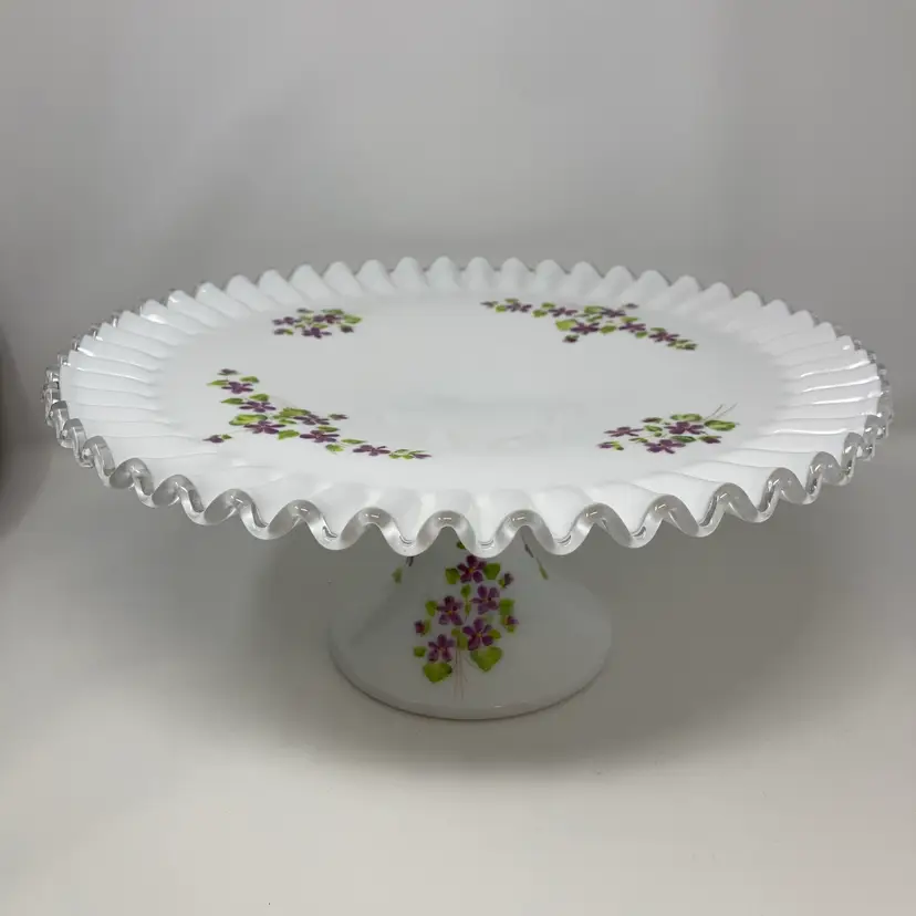Vintage Fenton Silver Crest Violets In The Snow Milk Glass Cake Stand!  12 3/4” Wide x 5 3/4” Tall!