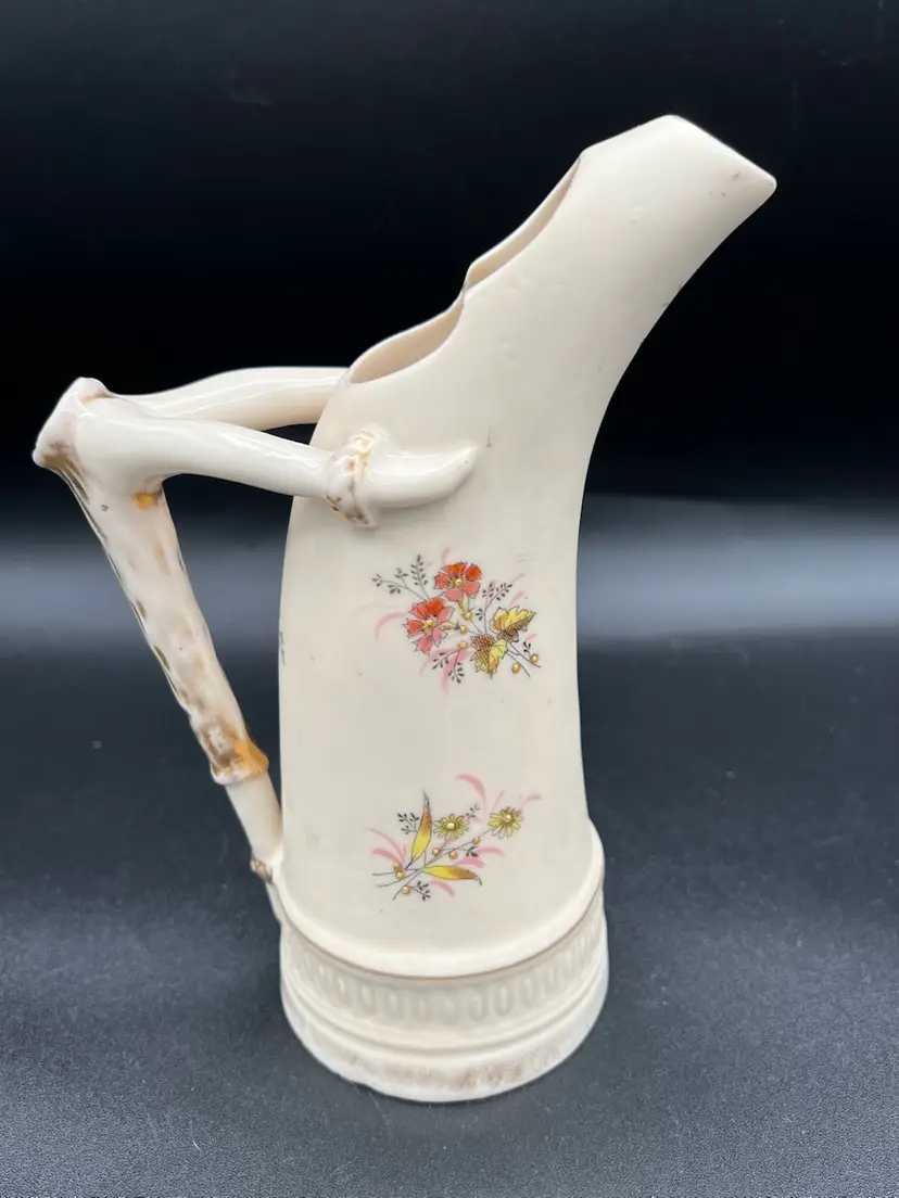 Antique Roschutz Bisque Porcelain 7" Pitcher w/Antler Shaped Handle, Germany