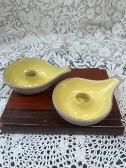 A Pair Of Pigeon Forge Pottery Art Deco Yellow Candlestick Holders 5.5" X 4.25" X 2"