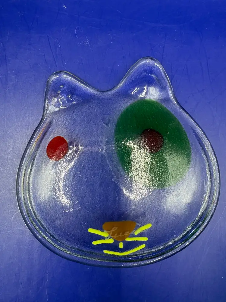 Art Glass Cat Trinket Tray Signed
