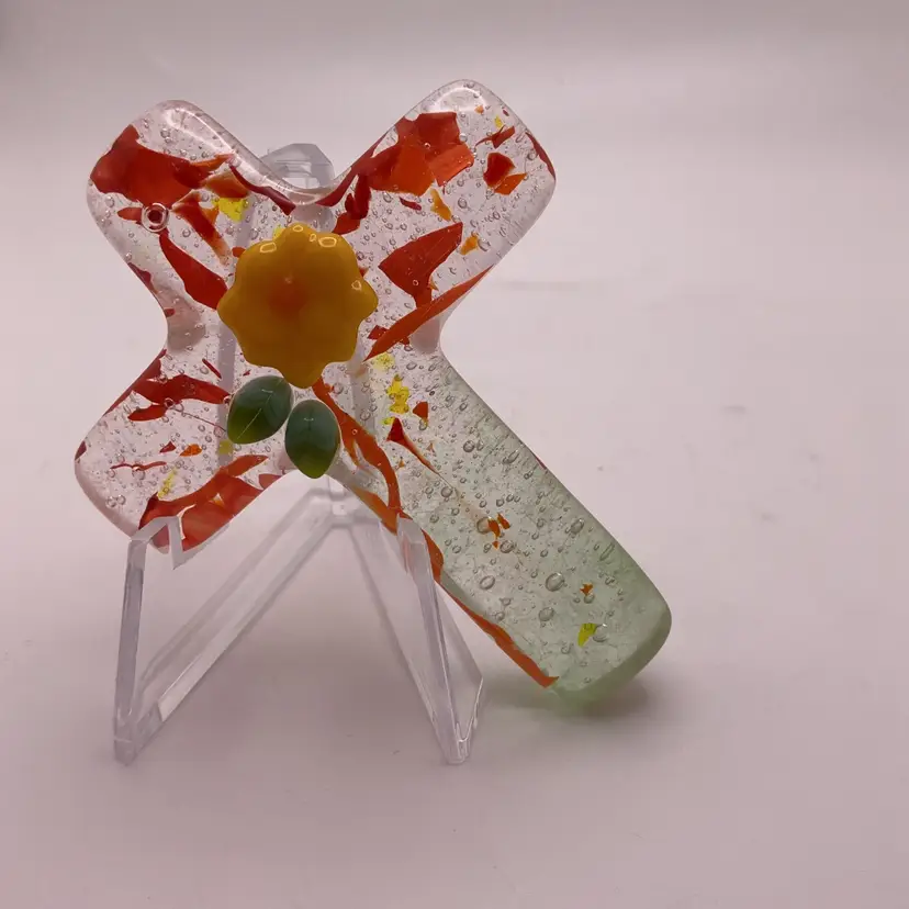 Made by Me! Fused Glass Cross Paperweight ORANGE 3D Flower 3” x 2.25” Handcrafted Studio Art