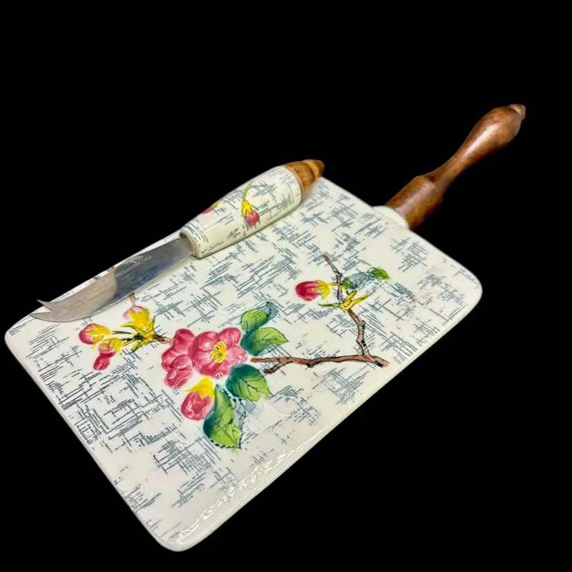 MCM Cherry Blossom Cheese Board Tray and Knife 10”x4.5”