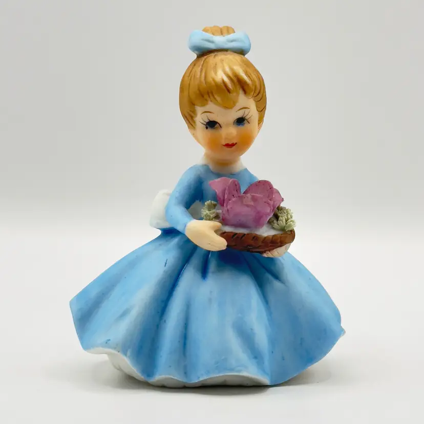 Vintage 1950’s “February” Flower Girl of the Month Figurine Blue Dress with Purple Violet Flower in Basket, Bisque Porcelain Hand-painted, By Napco, Made in Japan, MPN 8614