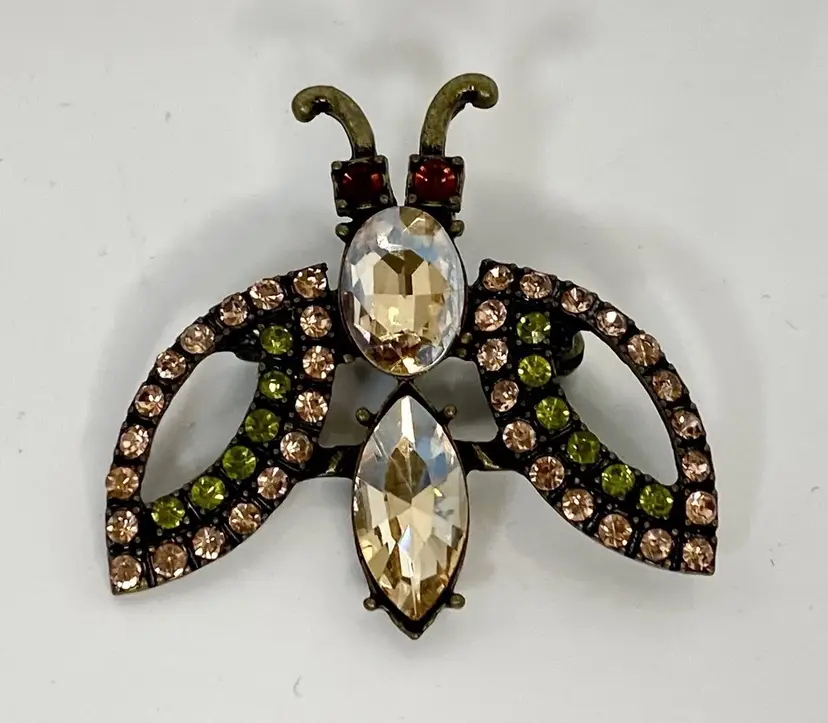 Vintage Fly Brooch Pin Multi Color Rhinestone Butterfly Insect Bug Gold Tone