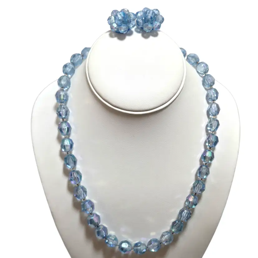Austria AB Blue Acrylic Faceted Beaded Necklace & Clip ons