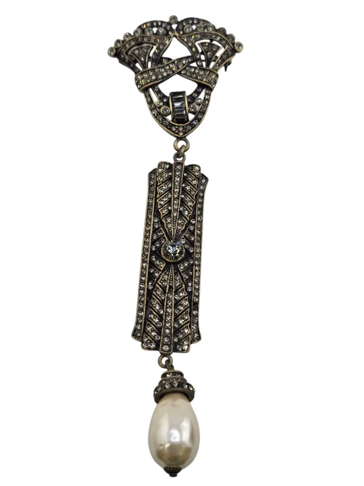 Signed Heidi Daus China Deco Style Rhinestone Pearl Dangle Brooch (A9169)