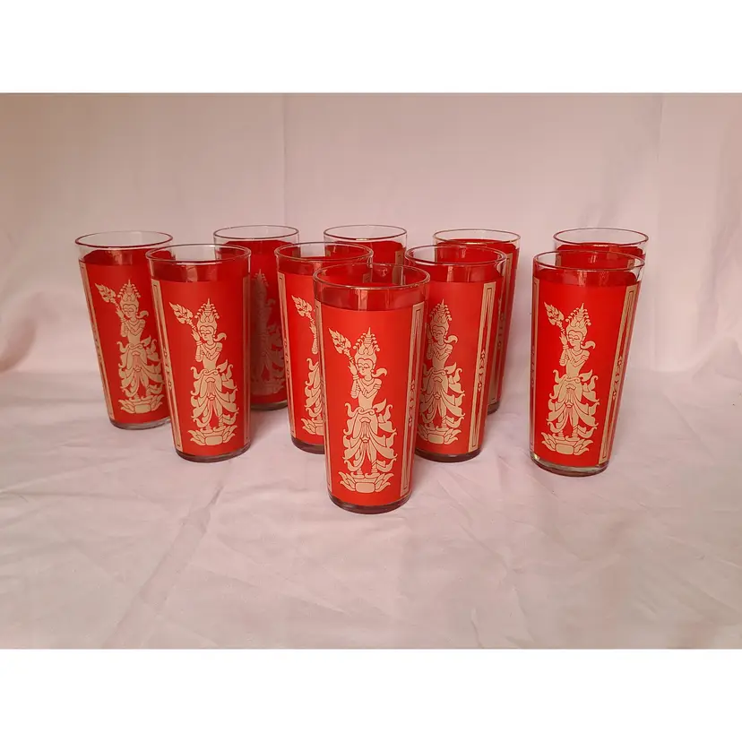 (10) Vintage 1960 Culver MCM Asian Thai Red Gold Highball Drinking Glasses