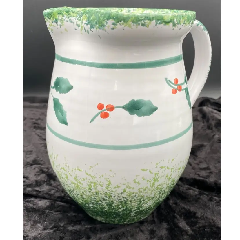 Vintage Pier 1 Imports (Italy) Majolica Christmas Pitcher Hand-Painted Holly, 8"