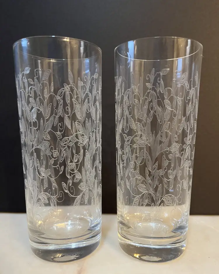 Etched Leaf Pattern Flat Tumblers by American Cut Set of Two 11oz. 6"Tall