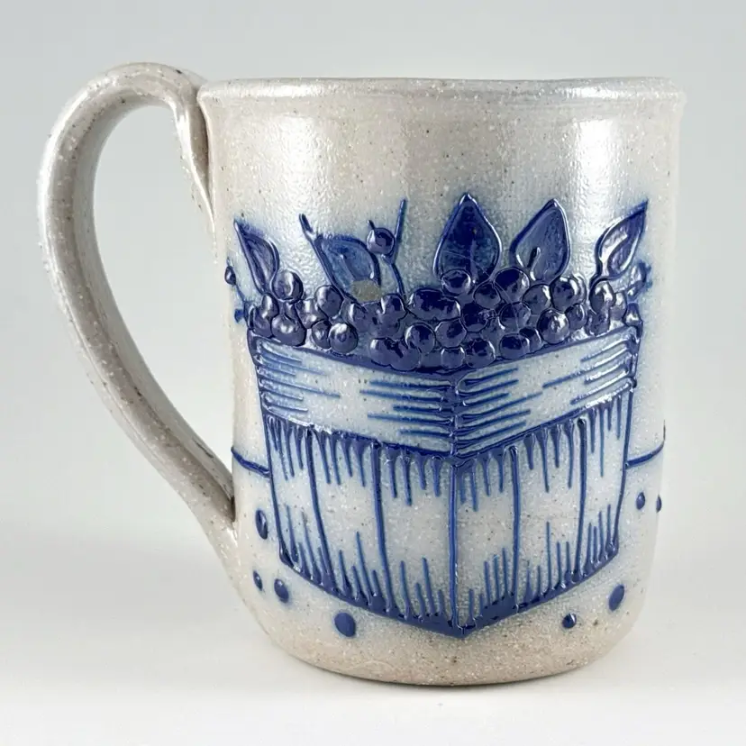 Salmon Falls Pottery Mug, Hand-Painted Blueberries Basket, Salt Glazed Stoneware Coffee Cup, Handmade in USA