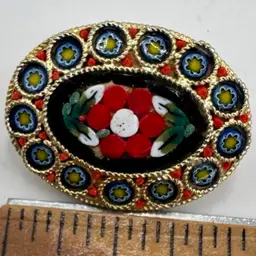 Micro Mosaic & Millefiori Gold Tone Pin Brooch Oval 1”