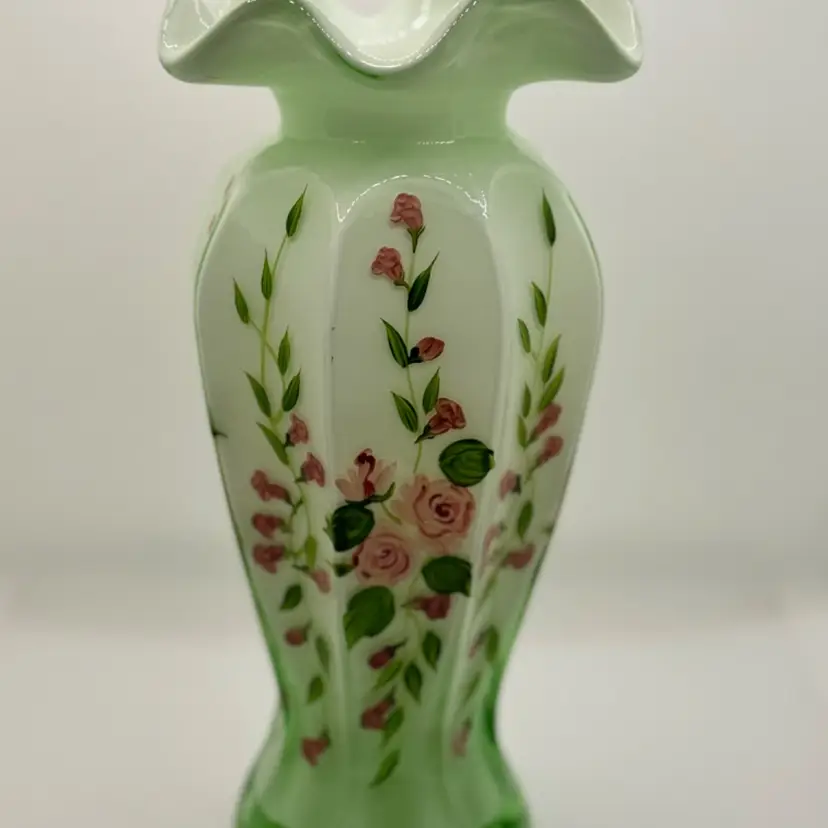 Vintage Pink Roses, Green & White Base Two Tone (opaline) Hand Painted Glass Flower Vase, Made In China