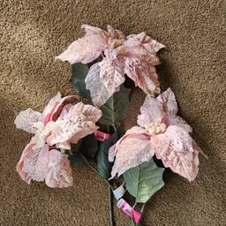3 LARGE Poinsettia 9" Silk Velvet Flower Stems Pale Pink & Gold Bead Encrusted NWT