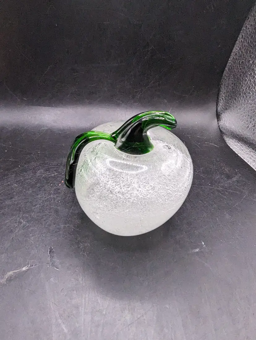 Clear Hand Blown Art Glass Apple Paperweight Bubbles Green Applied Stem & Leaf