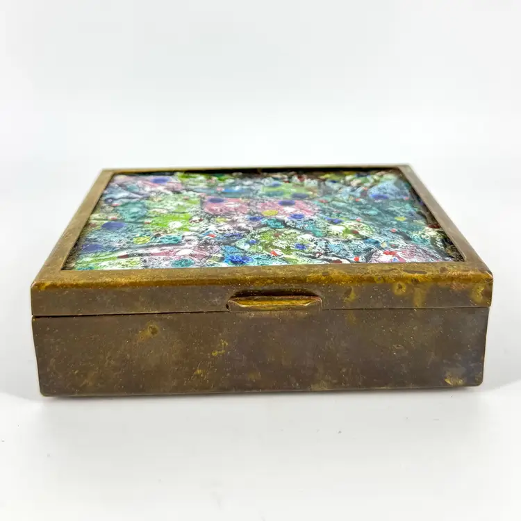 Brass Enamel On Copper Trinket Box Signed