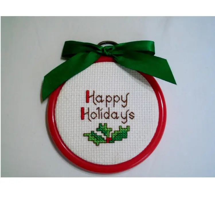 Cross Stitch HAPPY HOLIDAYS Green Holly Red Embroidery Hoop Christmas Ornament 3.5"