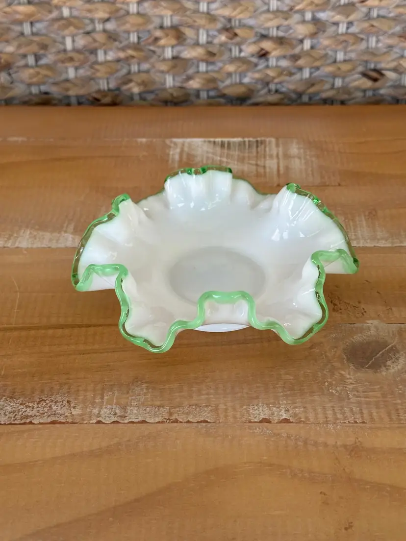 Vintage Fenton Emerald Crest Ruffled Milk Glass Dish