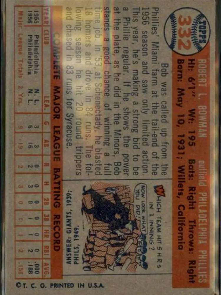 1957 Topps #332 Bob Bowman - ( pk1 ) - Philadelphia Phillies