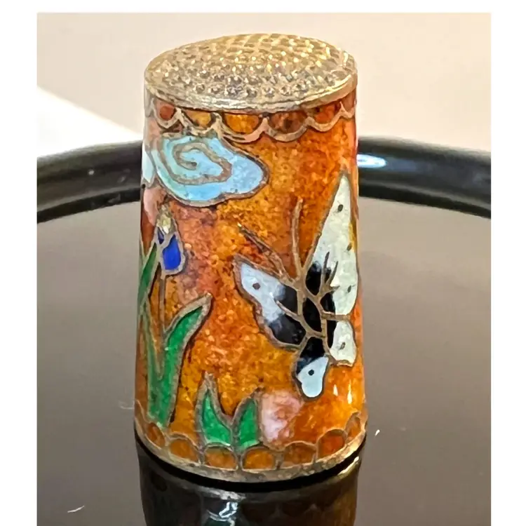 Cloisonne Collectible Enamel Metal Sewing Thimble Butterfly Flowers 1.1 in Height