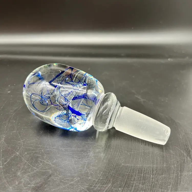 Vintage Art Glass Heavy Bottle Stopper Clear Blue Swirl Perfume Decanter As Is