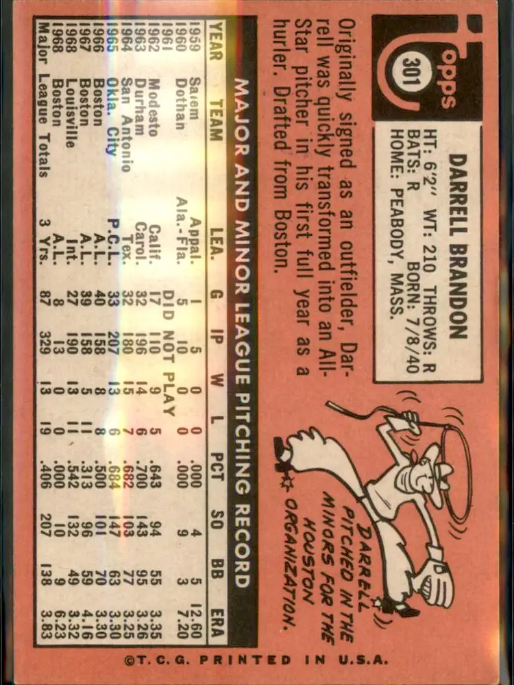 1969 Topps #301 Darrell Brandon - (pk3) - Seattle Pilots