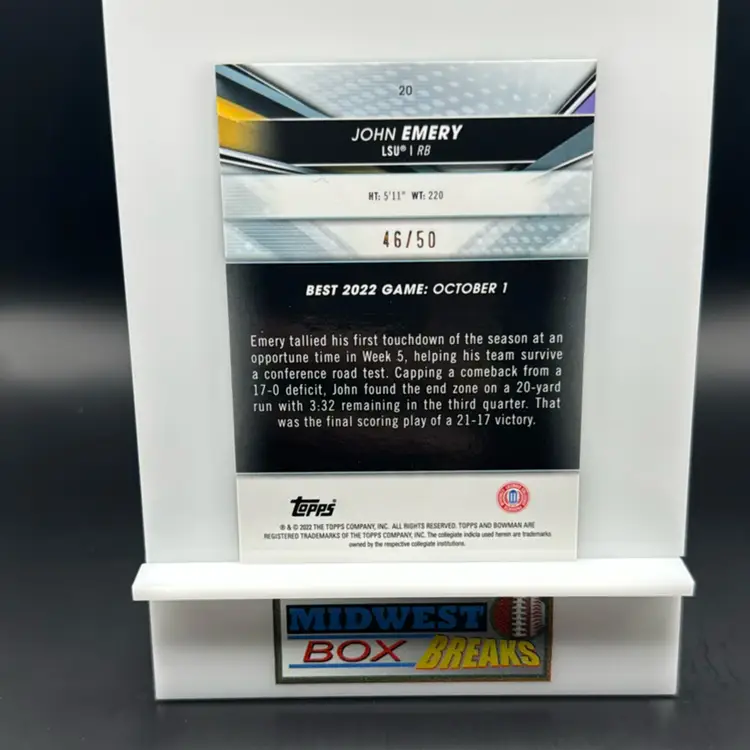 John Emery 46/50 Gold 2022-23 Bowman’s Best University LSU MBBCRD