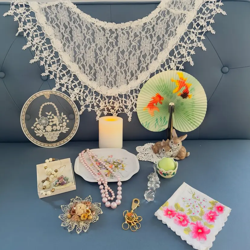 #1965 Vintage Vignette, Country Vanity Dresser Tables cape Lace Wall Decor Lace Shawl Key Ring Hankie Battery Candle Two Faux Pink Pearl Necklace Plus A Wooden Heart Necklace
