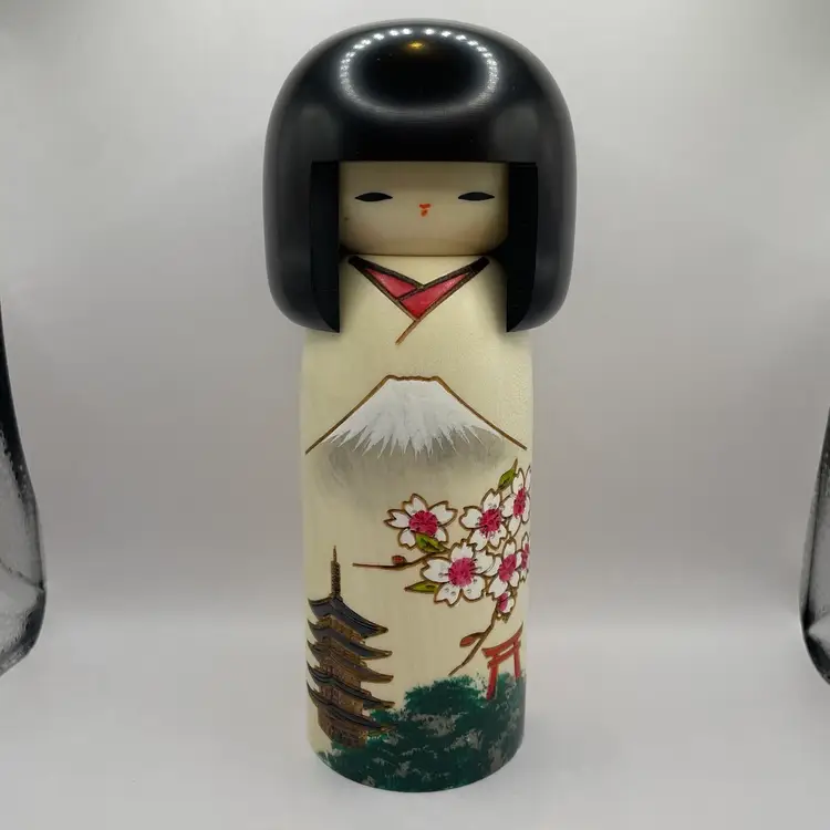 Japanese Usaburo Kokeshi Wooden Doll Girl Sakura (Cherry Blossoms) Mt Fuji w/ Box