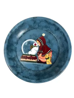 Christmas Winter Hand Painted Pie Dish Child Snowman Snow Globe Blue Spongeware Signed Vickie Dyer