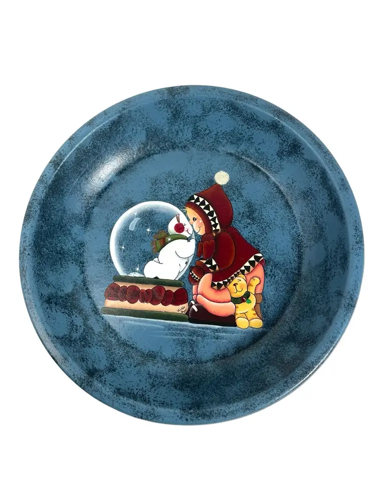Christmas Winter Hand Painted Pie Dish Child Snowman Snow Globe Blue Spongeware Signed Vickie Dyer