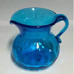 Beautiful Blue Squat Pitcher-  Mold Blown - Applied Handle, Diamond Pattern- 4” Tall