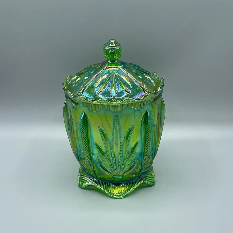Vintage Fenton Emerald Green Art Glass Cactus Biscuit Jar Iridescent Carnival Kelly