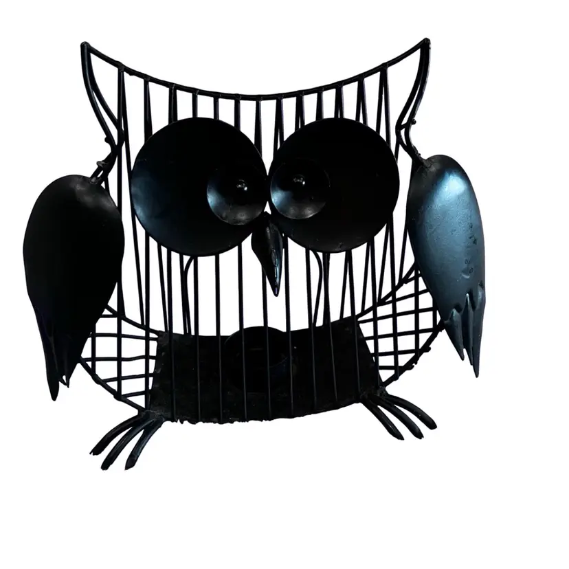 Black metal dark academia owl tealight candle holder MCM Mid Century Modern