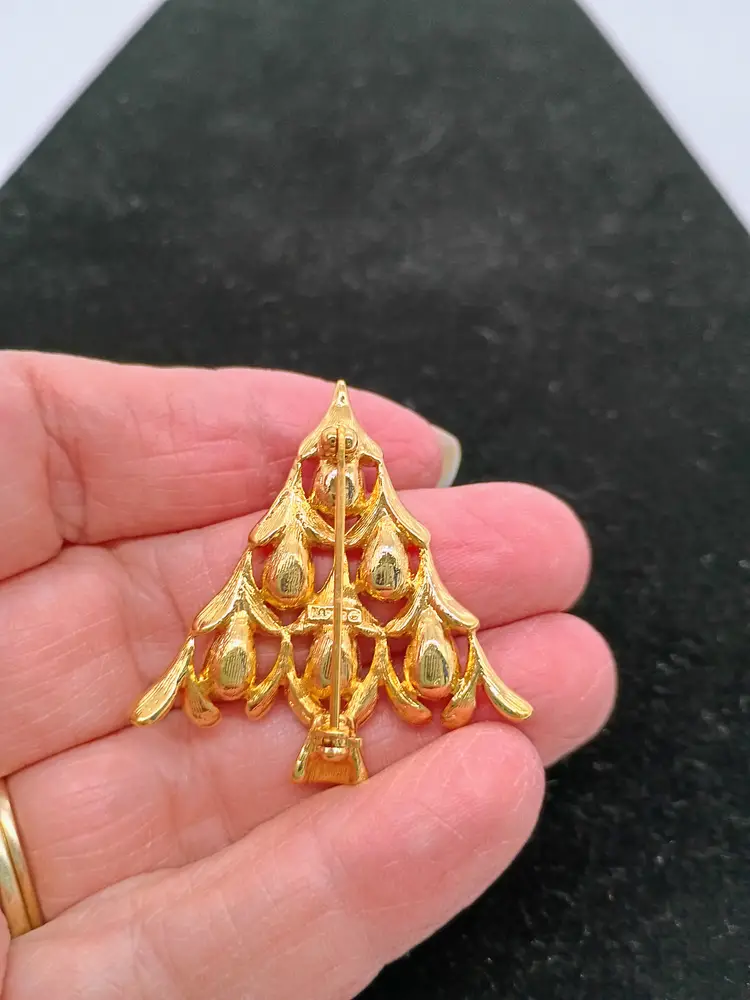 Napier Teardrop Shape Clear Rhinestone Shiny Gold Plated Christmas Tree Brooch