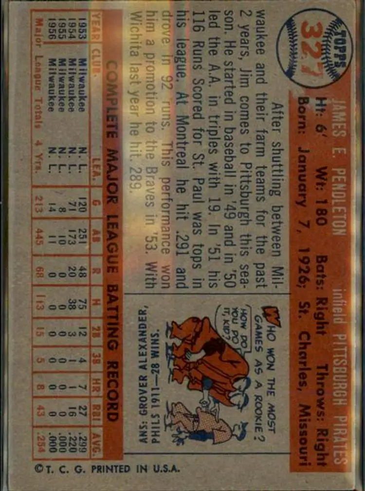 1957 Topps #327 Jim Pendleton - ( pk1 ) - Pittsburgh Pirates