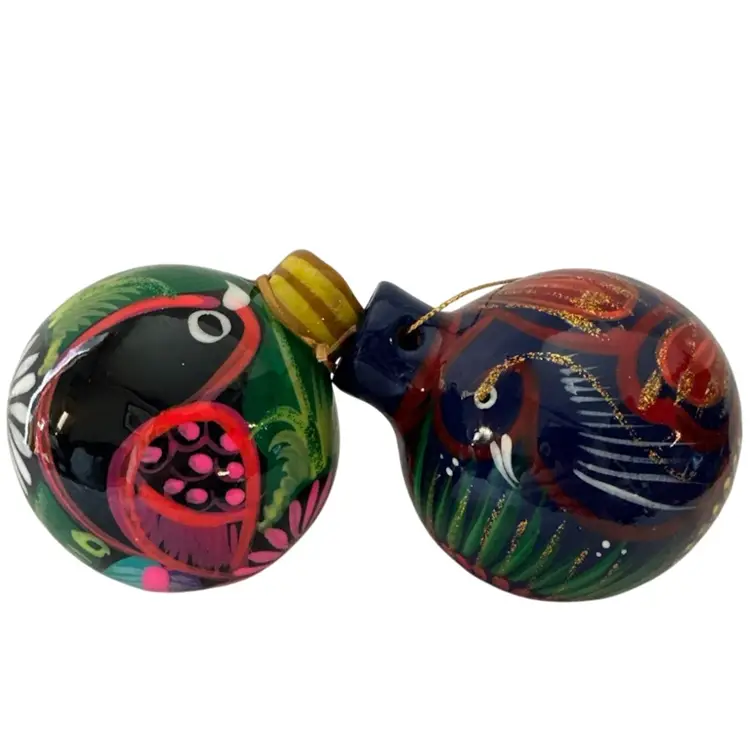 2- Talavera Christmas Balls Ornament Mexican Ceramic Folk Art Pottery Birds