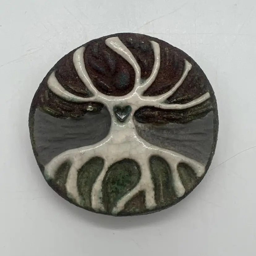 Jeremy Diller Raku Pottery Tree Of Life  Medallion Comfort Worry Pocket Meditation Fidget Rock Stone Harmony Affirmation 2”
