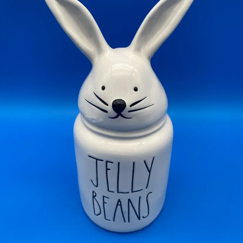 Jelly Beans White Ceramic Candy Canister w/ Easter Bunny Lid - Rae Dunn Magenta