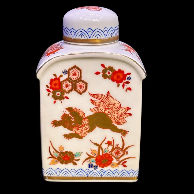 Asian AF Porcelain Foo Dog Print Tea Caddy Lidded Jar 5”